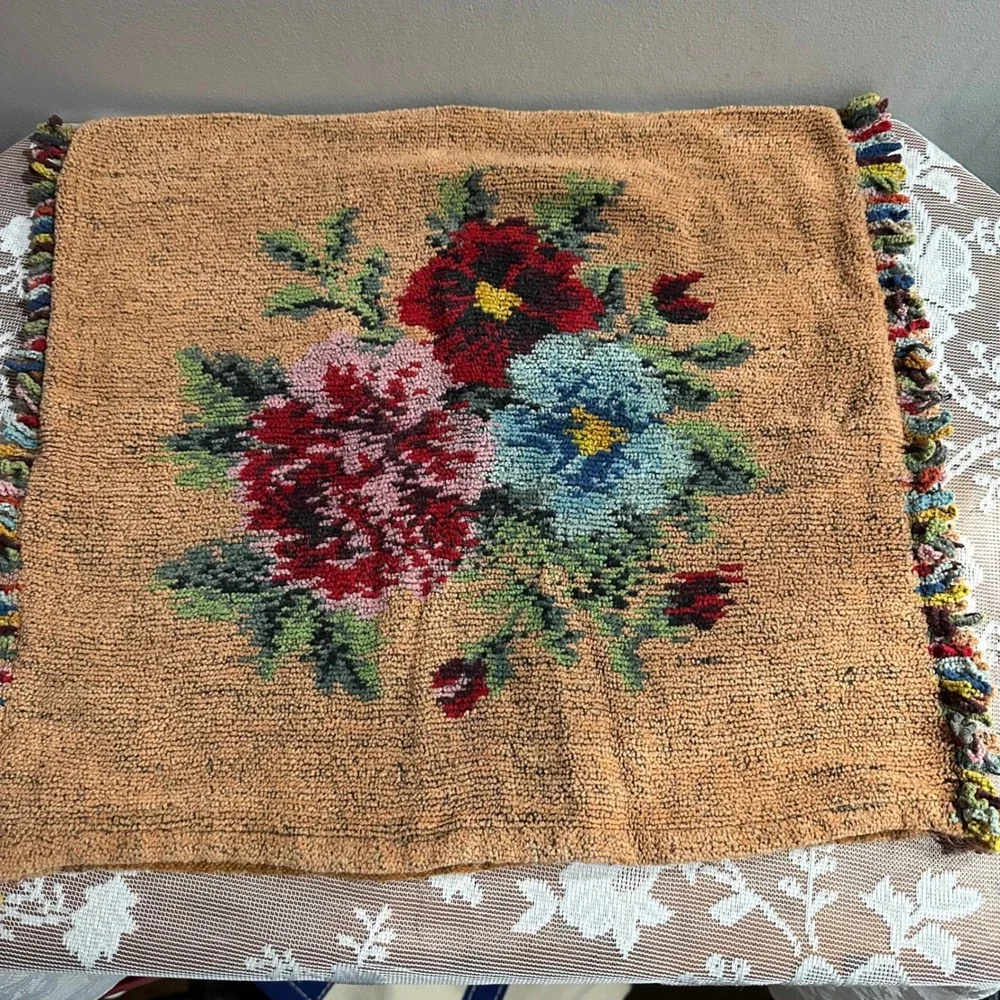 Handmade Floral Accent Pillow Peach Blue Red‎ Pink Textured Fringe Boho